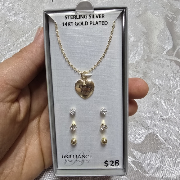 Brilliance Fine Jewelry Jewelry - Sterling Silver 14K Gold Plated Girls Mommy Necklace Earrings Valentines Love